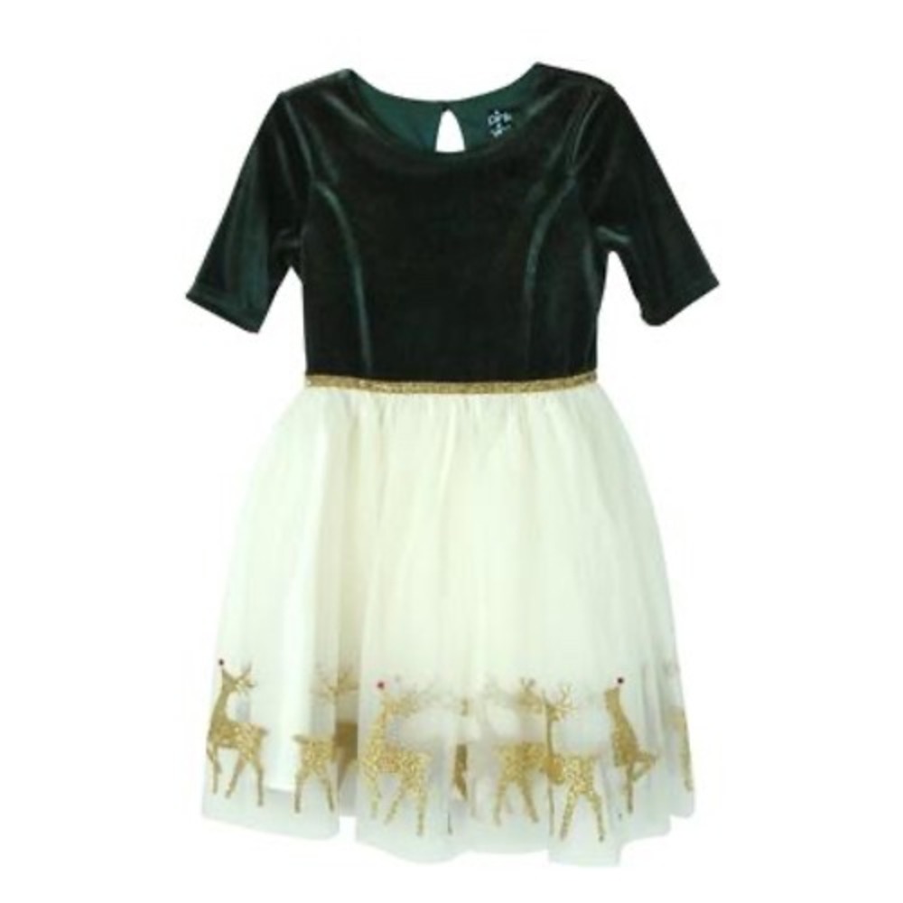 Pink & Violet Little Girl Velvet-Textured Dress with Mesh Skirt - Green Reindeer